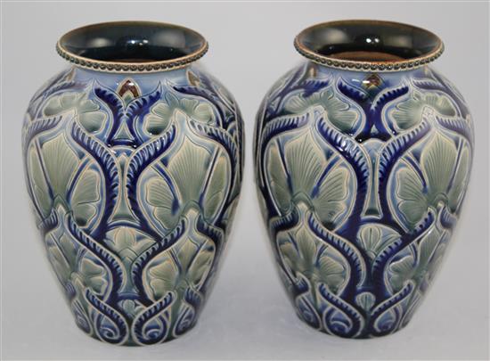 A pair of Doulton Lambeth stoneware ovoid vases, by Frank A. Butler, 1884, 22cm
